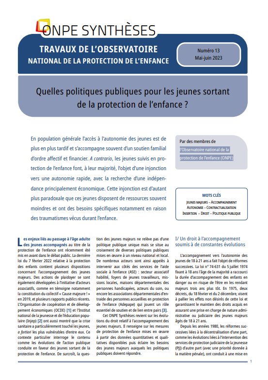 Travaux ONPE | Quelles politiques publiques pour les jeunes sortant de la protection de l’enfance ?
